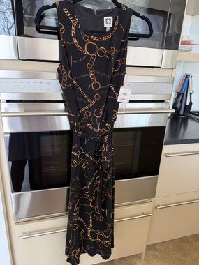 Anne Klein Black Dress with Gold Chain Print
